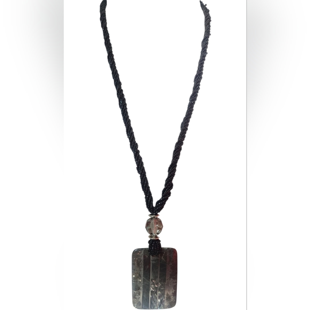 Coldwarer Creek Black Beaded Rope Necklace with Rectangular Hematite Pendant